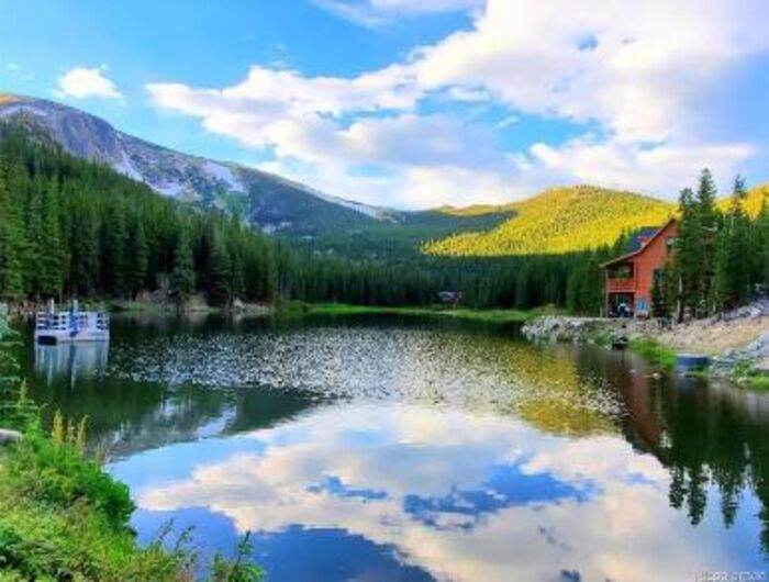 Mountain lake for fishing surrounded by forest