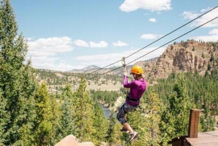 Person riding a zipline through the forest